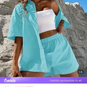 SHEIN Light Blue Apparel Set Shorts Small Button UP Polo Summer Vacation